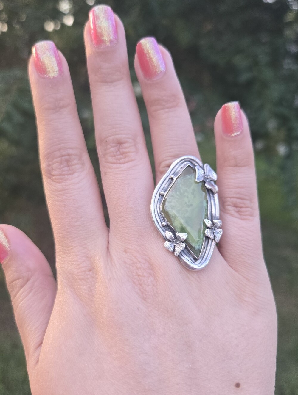 Izovella Green Stone sterling silver ring Size 7 Artisan Handmade OOAK
